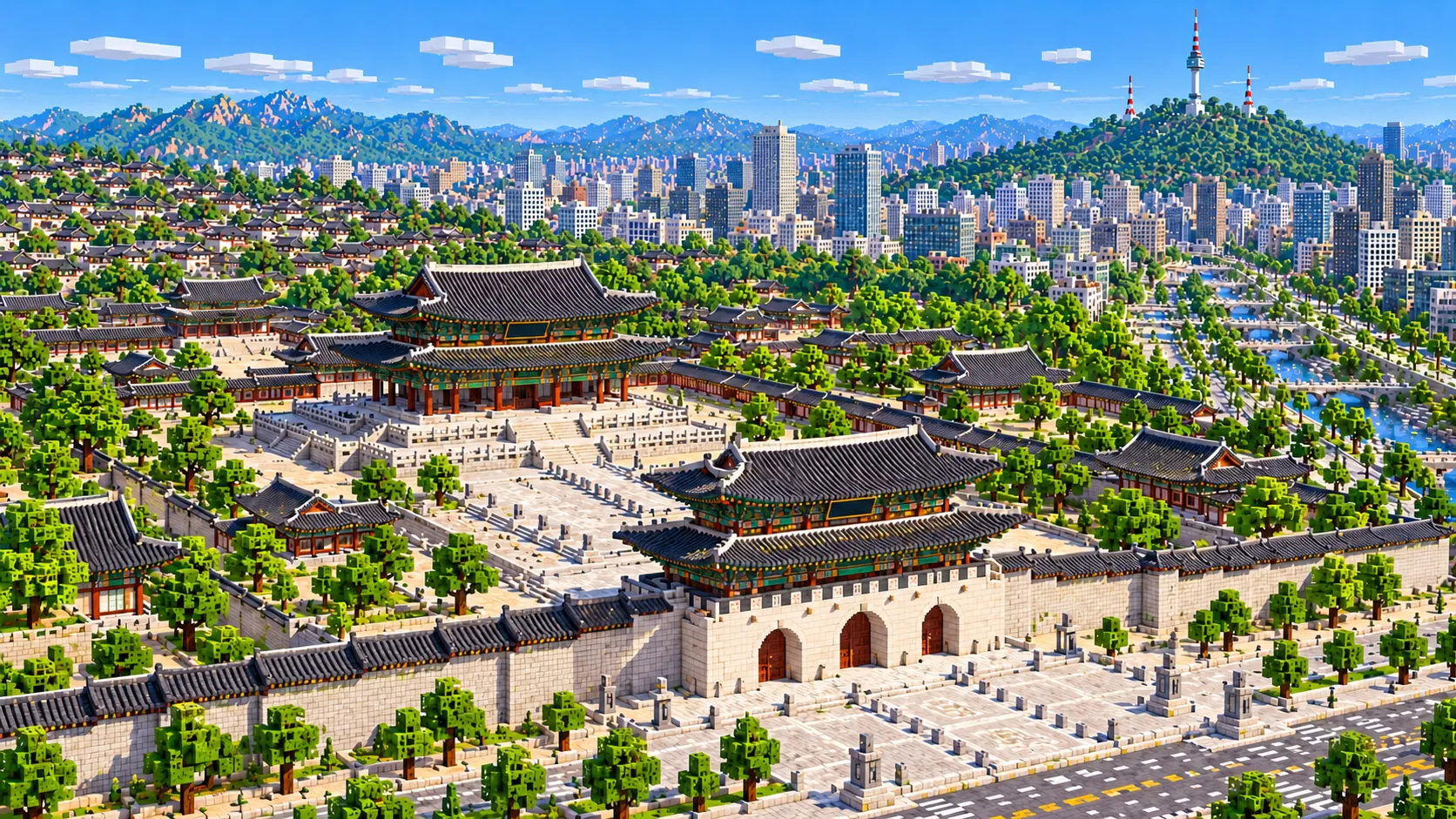 Illustration of Gyeongbokgung in Minecraft blocks: Gwanghwamun gate with its three arched openings in a stone wall, the stone courtyards behind it and the two-tiered throne hall with dark tiled roofs and red and green painted timber