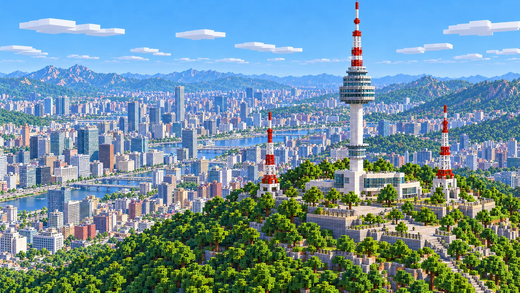 Illustration of N Seoul Tower on the wooded summit of Namsan in Minecraft blocks, with its round observation decks and red and white mast, and the city and a wide river far behind