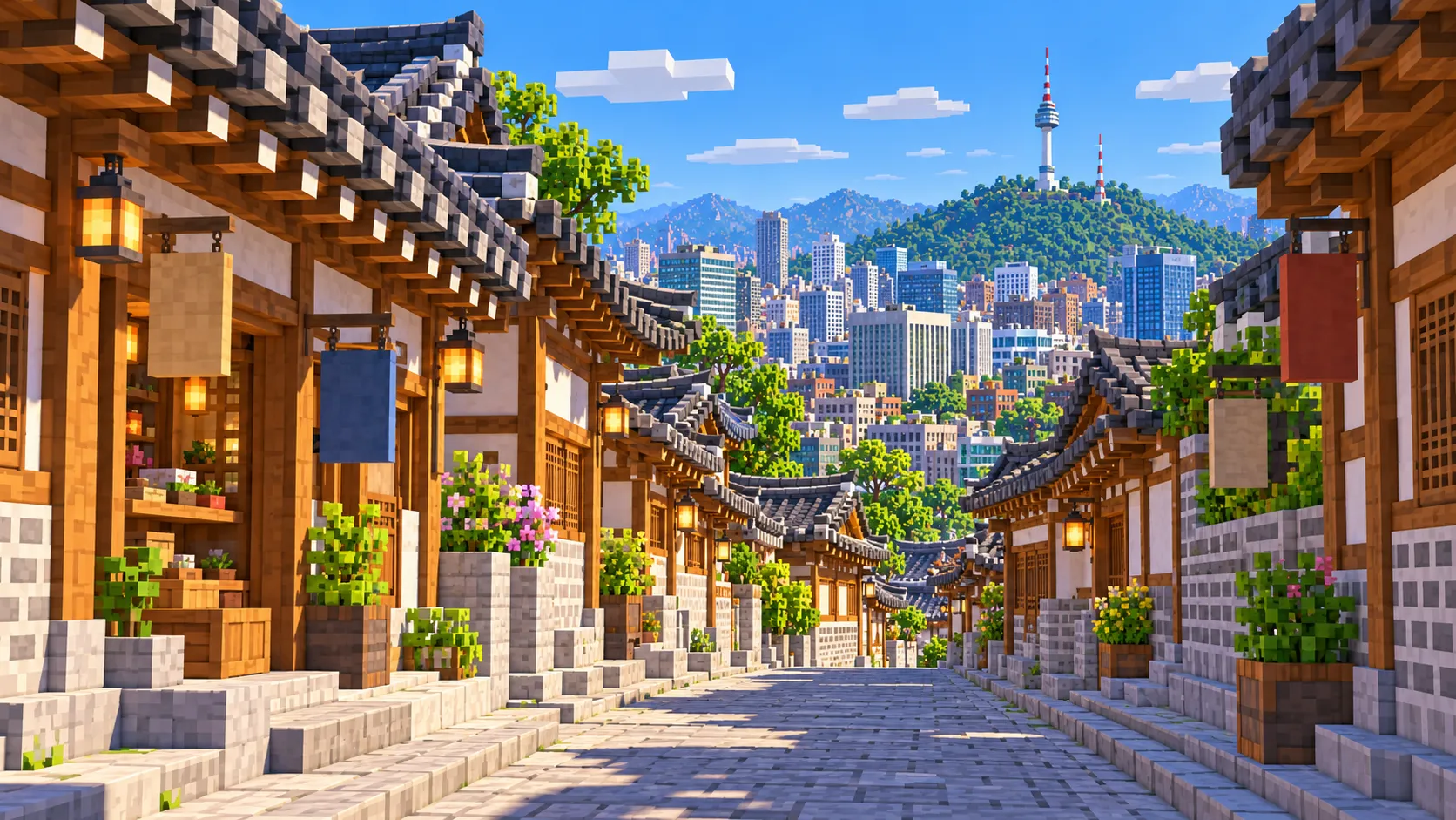 Illustration of a sloping hanok lane at eye level in Minecraft blocks, with timber and plaster shopfronts under tiled eaves, lanterns and blank signboards, and N Seoul Tower on Namsan at the end of the street