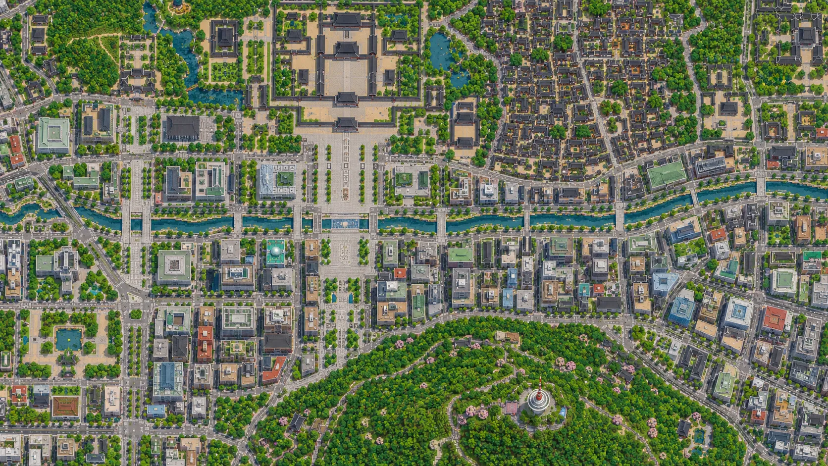 Illustration of central Seoul seen from directly above: palace courtyards and the dense tiled roofs of Bukchon at the top, the Cheonggyecheon stream crossing the city blocks and the wooded slopes of Namsan at the bottom