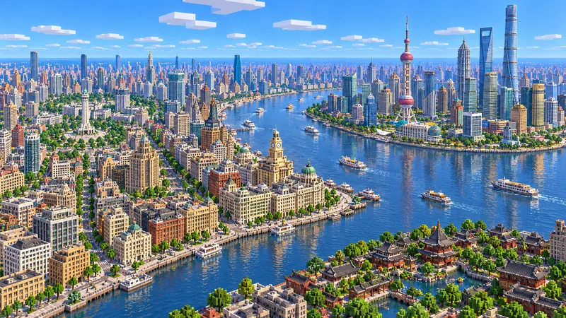 Illustration of central Shanghai in Minecraft blocks seen from high above: the Huangpu River curving between the stone buildings of the Bund and the Lujiazui skyline with the Oriental Pearl Tower and Shanghai Tower, and Chinese garden roofs in the foreground