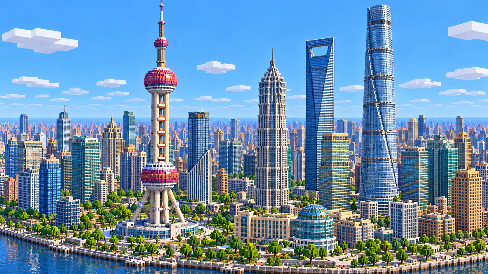 Illustration of the Lujiazui skyline in Minecraft blocks: the Oriental Pearl Tower with its pink spheres, Jin Mao Tower, the Shanghai World Financial Center with its open top and the twisting Shanghai Tower above the riverbank