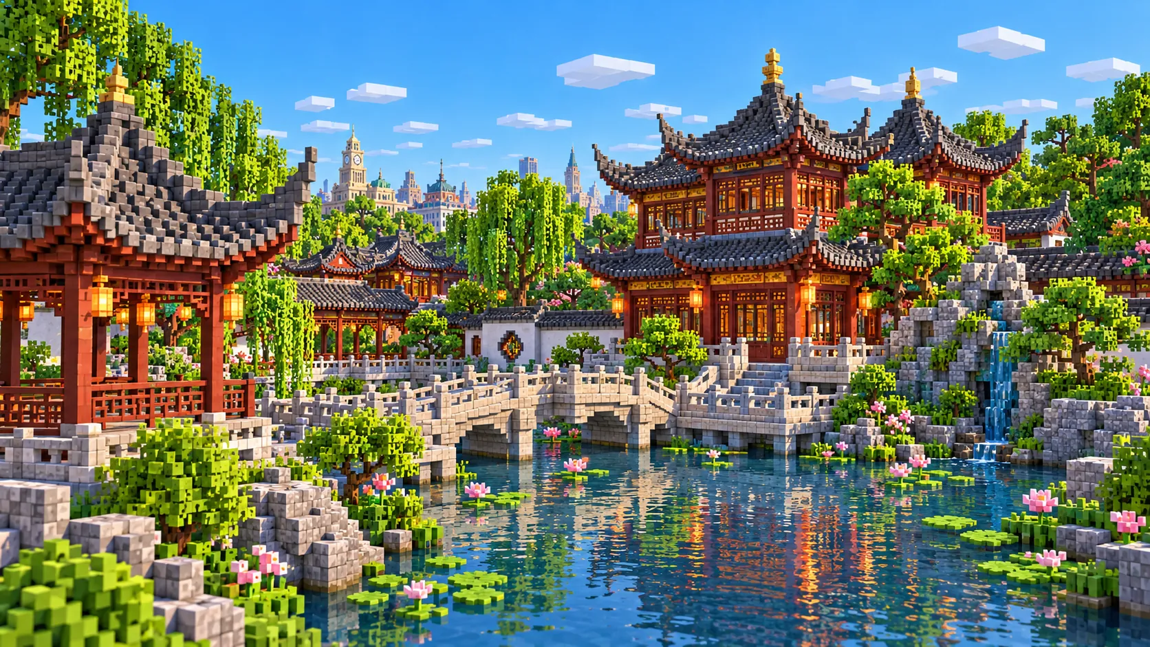 Illustration of a classical Chinese garden in Minecraft blocks, with red pavilions under upturned grey tile roofs, a stone bridge over a lotus pond and rockeries, in the style of Yu Garden