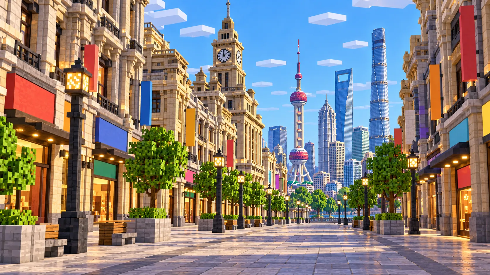 Illustration of a pedestrian shopping street at eye level in Minecraft blocks, with stone facades, colored shop signs without text, street lamps and trees, and the Oriental Pearl Tower and Shanghai Tower at the end
