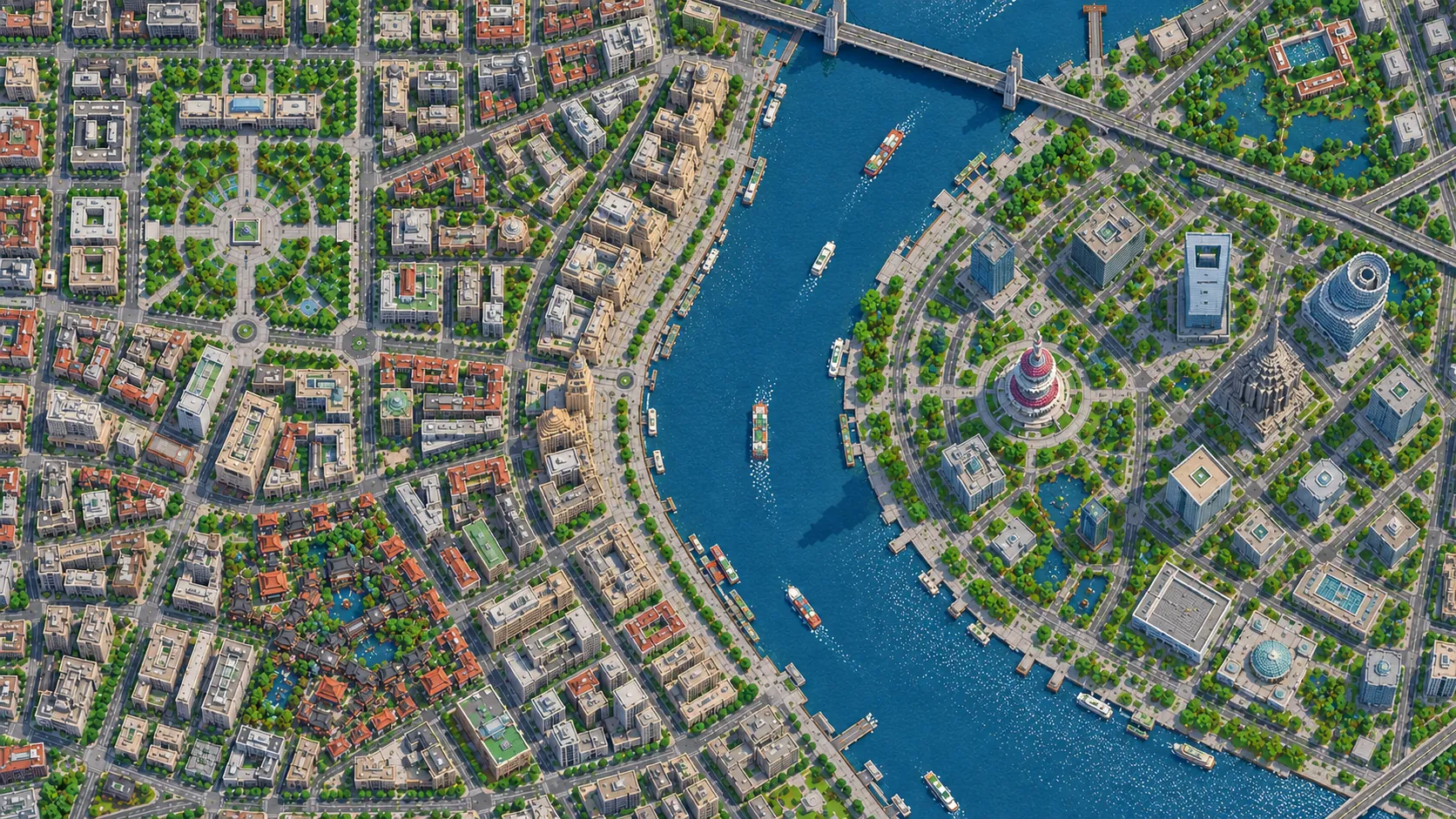 Illustration of central Shanghai seen from directly above: a river bend between the dense blocks of the west bank and the round road layout of Lujiazui with tower footprints and green lawns