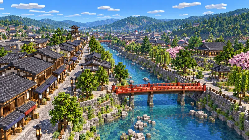 Illustration of a small Japanese old town in Minecraft blocks seen from high above, with dark timber shops and tiled roofs along a river crossed by a red footbridge