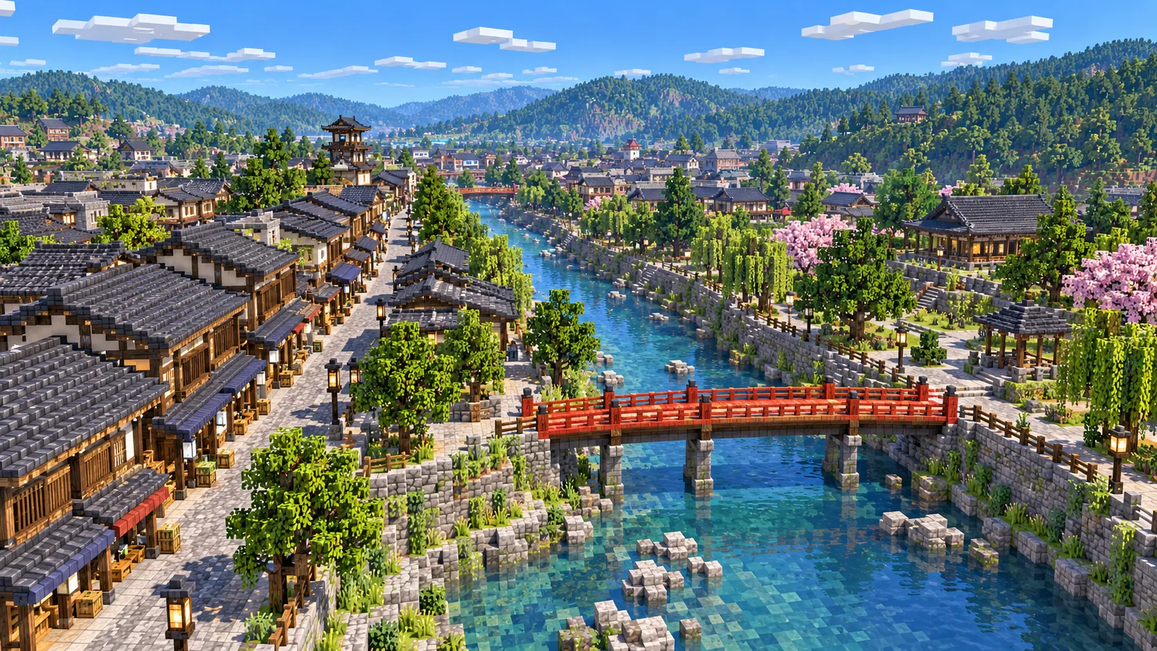 Illustration of a small Japanese old town in Minecraft blocks seen from high above, with dark timber shops and tiled roofs along a river crossed by a red footbridge