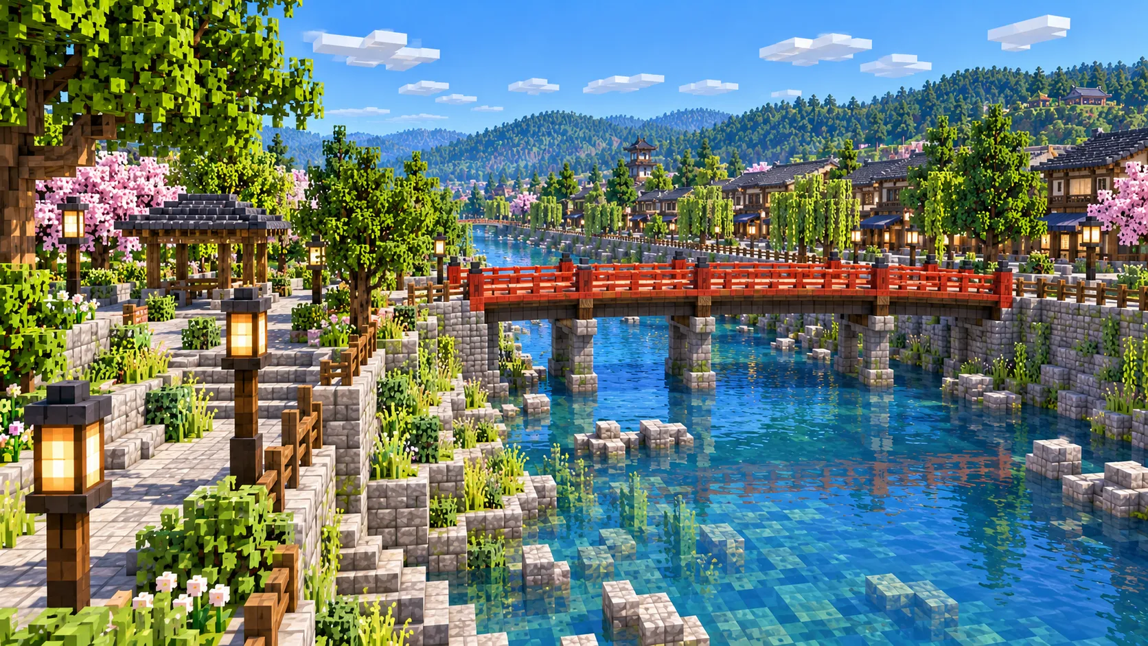 Illustration of a red wooden footbridge over a blue-green river with stone embankments and a riverside park, built from Minecraft blocks
