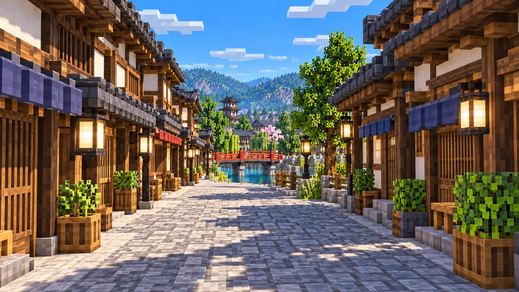Illustration of an old town street at eye level: stone paving, timber facades and roof eaves on both sides, and a red bridge over the river ahead