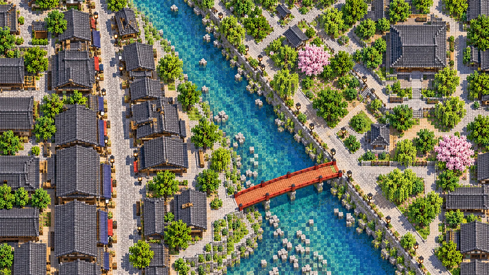 Illustration of a small old town seen from directly above, with a river running diagonally, a red bridge, dark tiled roofs on one bank and a park on the other