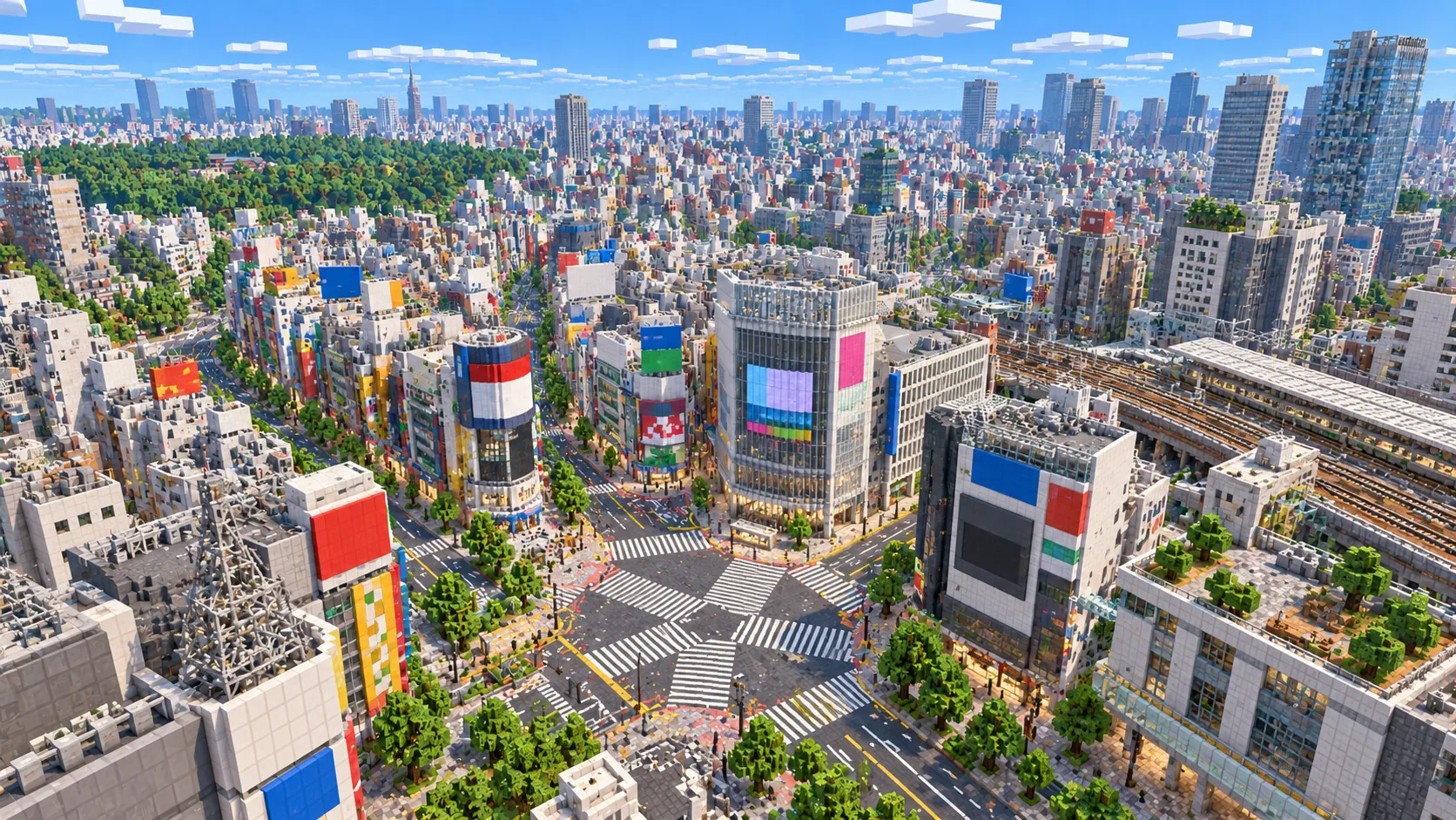Illustration of Shibuya as a Minecraft block city with the scramble crossing and the station rail lines