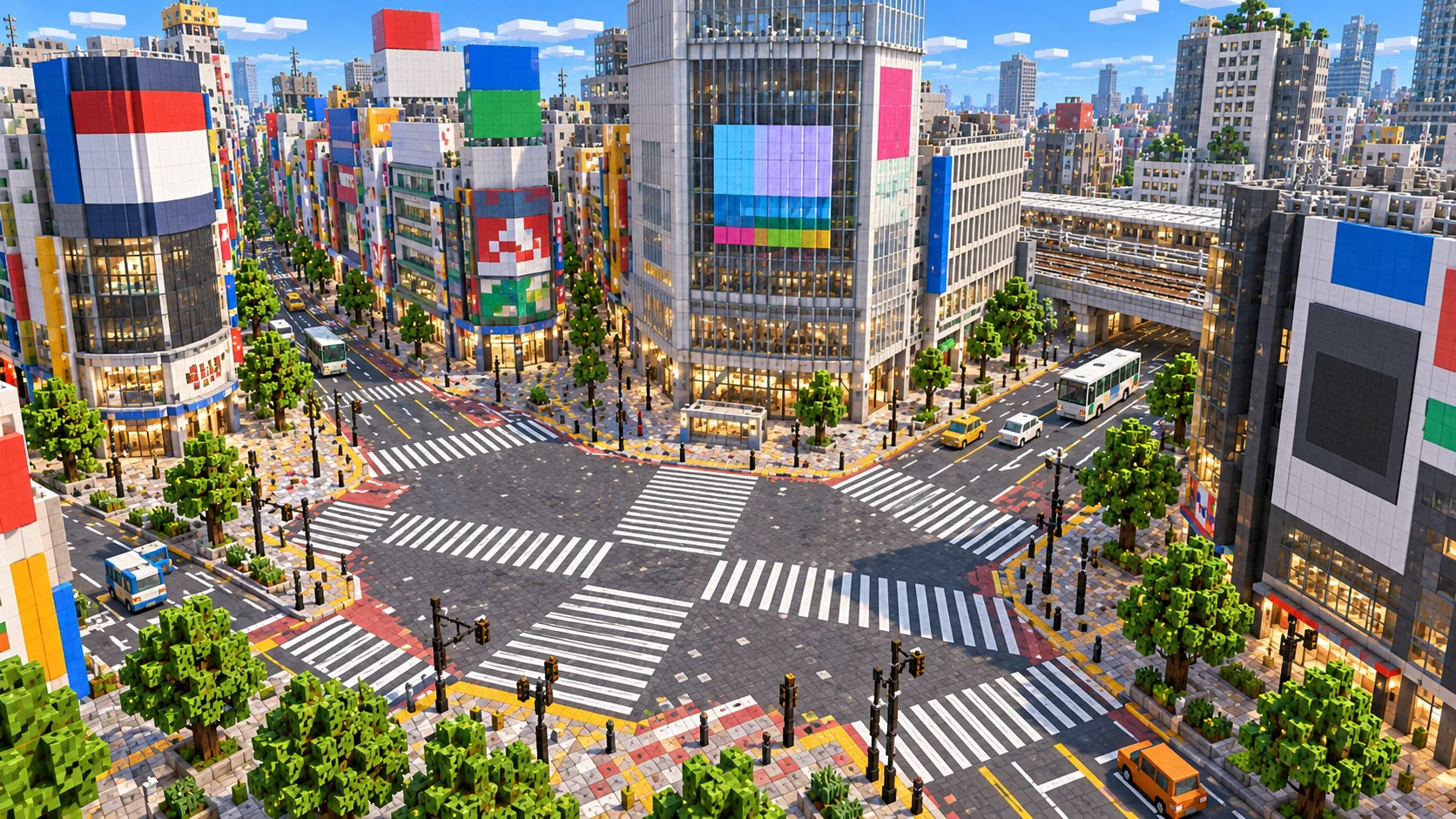 Illustration of the Shibuya scramble crossing and surrounding buildings built from Minecraft blocks