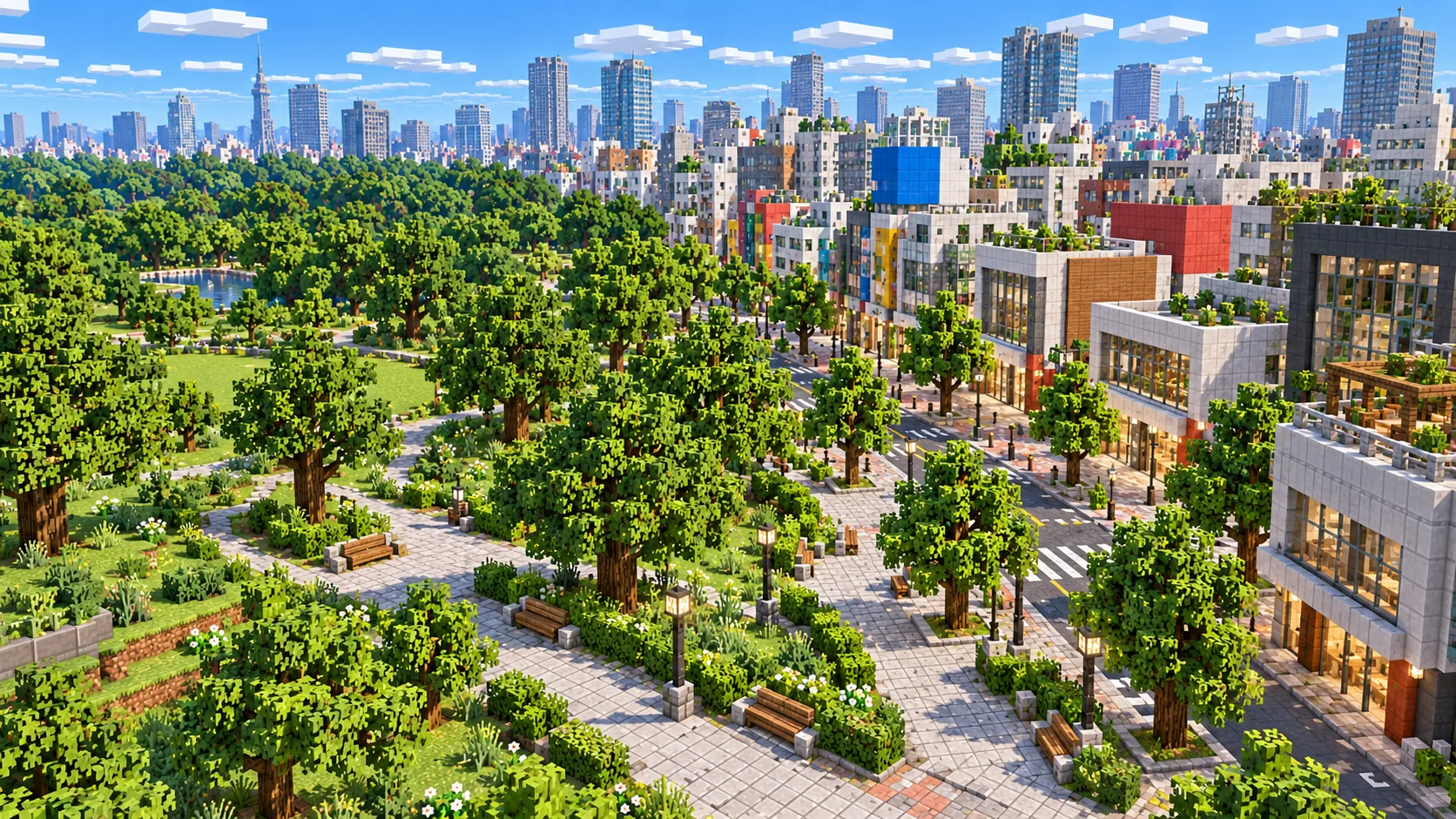 Illustration of a tree-lined park path next to dense Shibuya streets in a Minecraft world