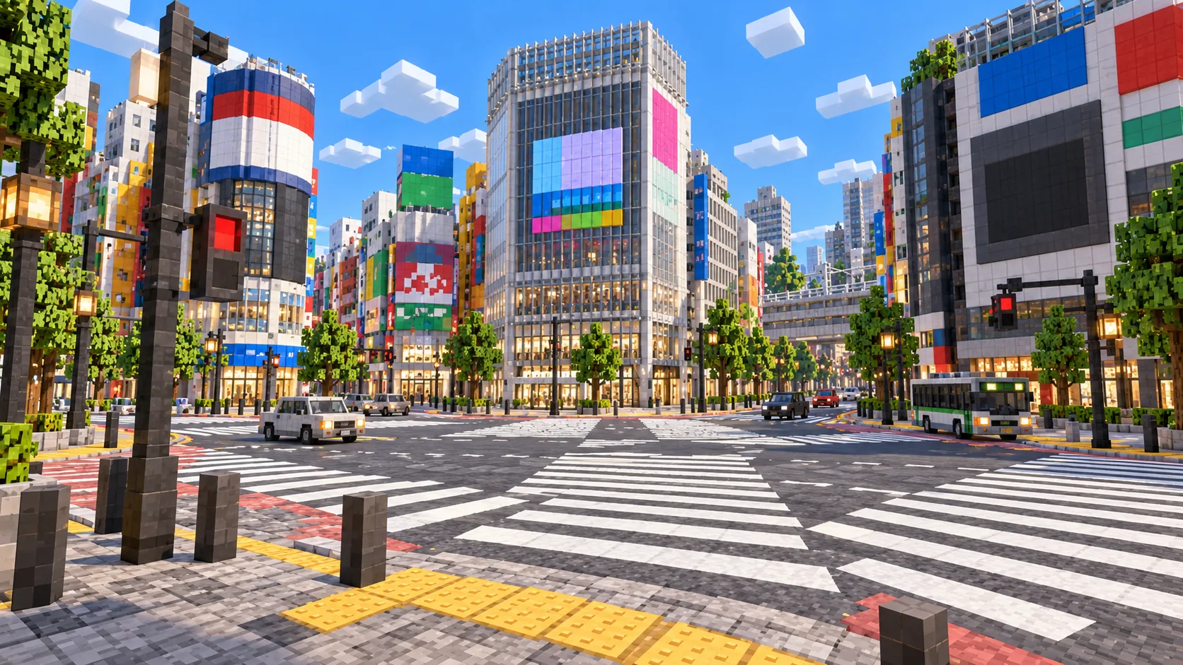 Illustration of a Shibuya street at eye level with colorful block-built shopfronts