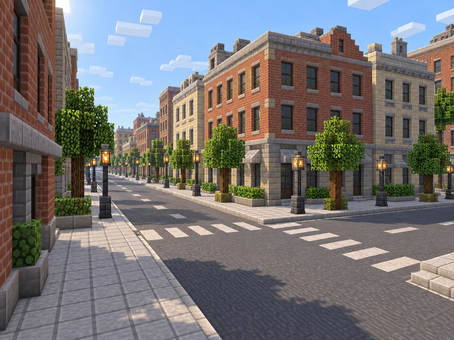 A street-level view of block-built brick buildings