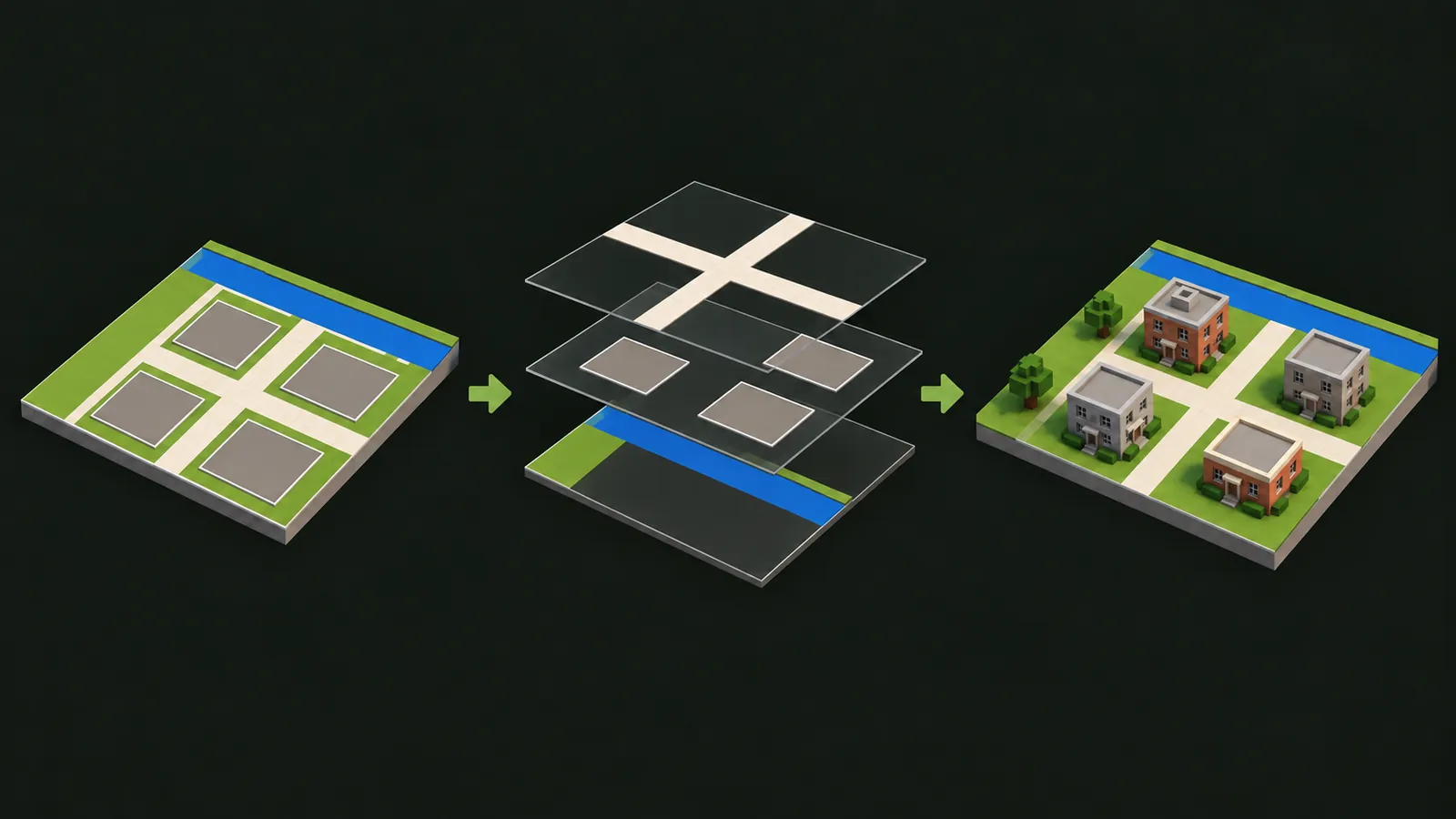 Map features separated into layers and converted into a voxel world