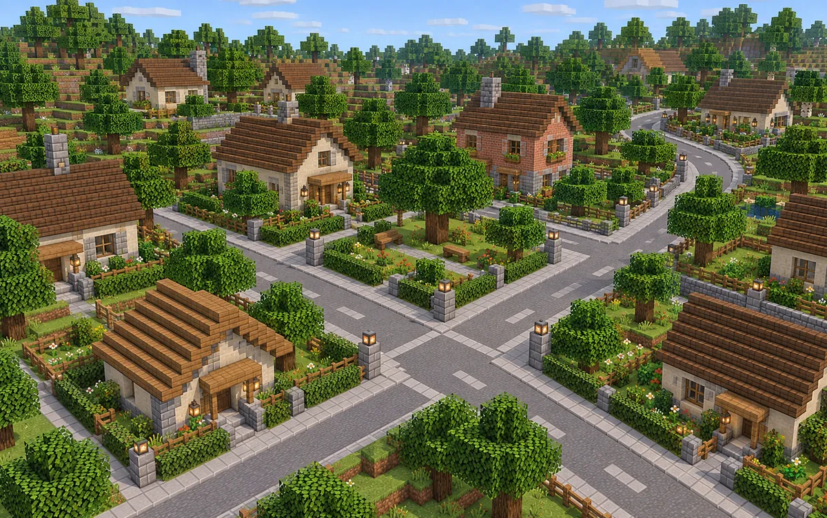Ein Voxel-Wohnviertel mit Häusern und Gärten