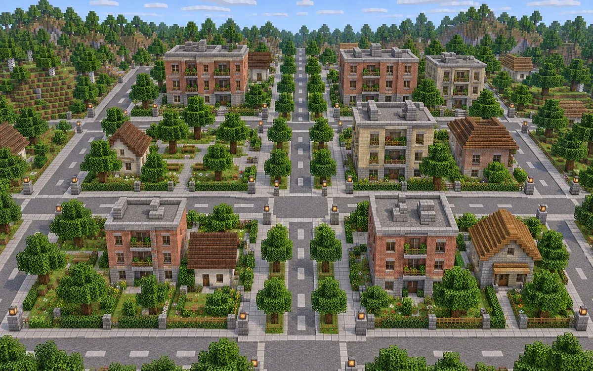 Eine kompakte Voxelstadt mit Backsteingebäuden und einem Straßenraster